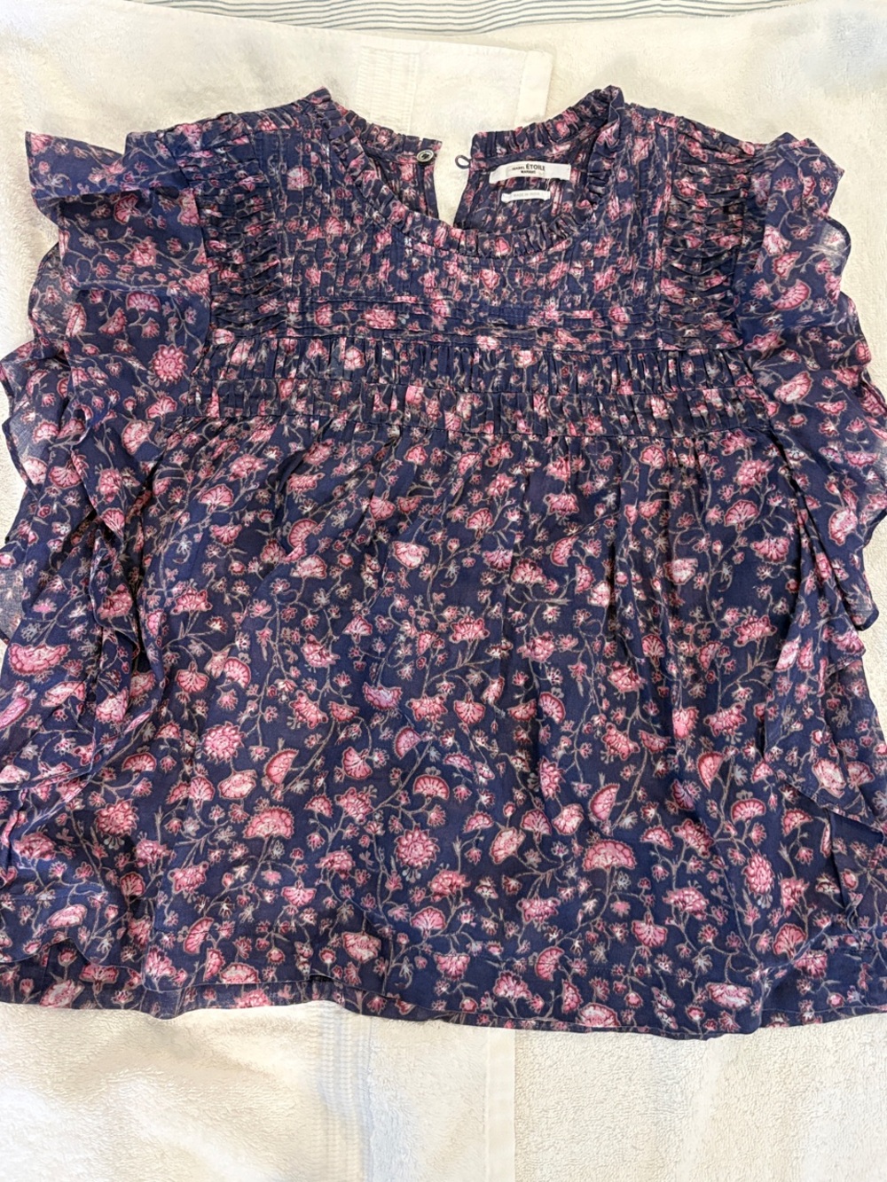 Isabel Marant Étoile Navy Floral Smocked Ruffle Blouse